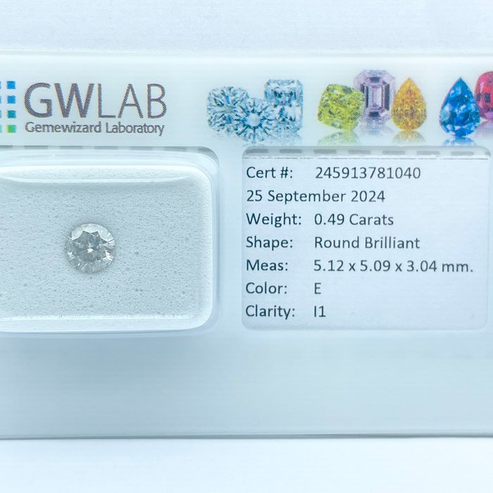 Ingen mindstepris - 1 pcs Diamant  (Natur)  - 0.49 ct - Rund - E - I1 - Gemewizard Gemological Laboratory (GWLab)