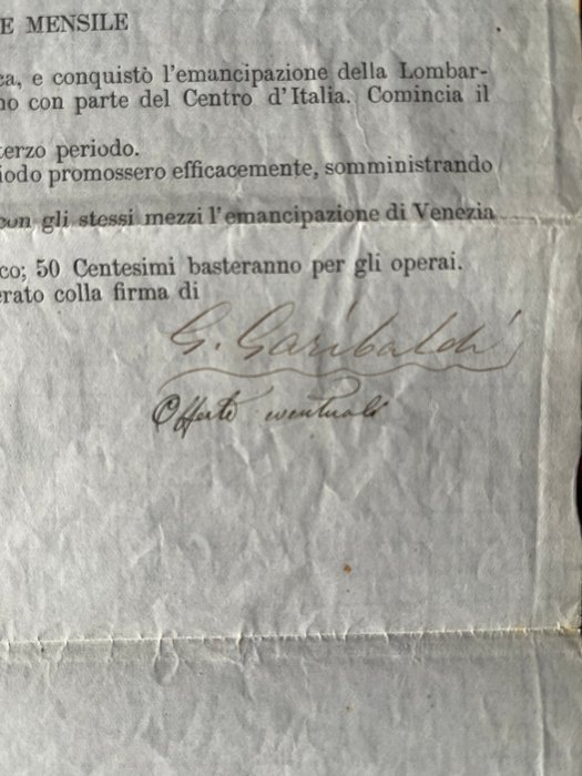 Signed; Giuseppe Garibaldi - Sottoscrizione nazionale - 1860