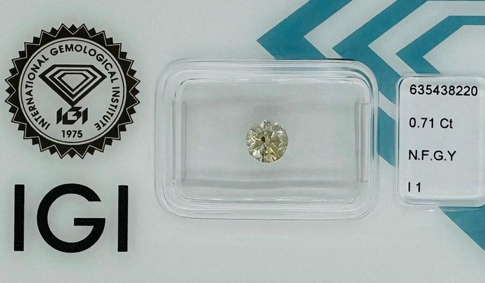 1 pcs Diamant  (Naturfarvet)  - 071 ct - Rund - Fancy Grønlig Gul - I1 - International Gemological Institute (IGI)