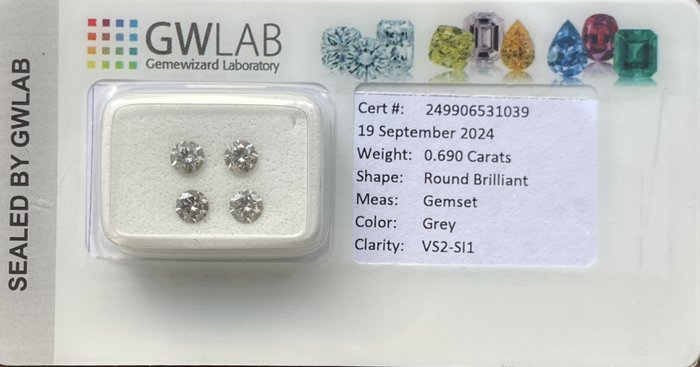 Ingen mindstepris - 4 pcs Diamant  (Natur)  - 0.69 ct - Rund - SI1, VS2 - Gemewizard Gemological Laboratory (GWLab) - Grå