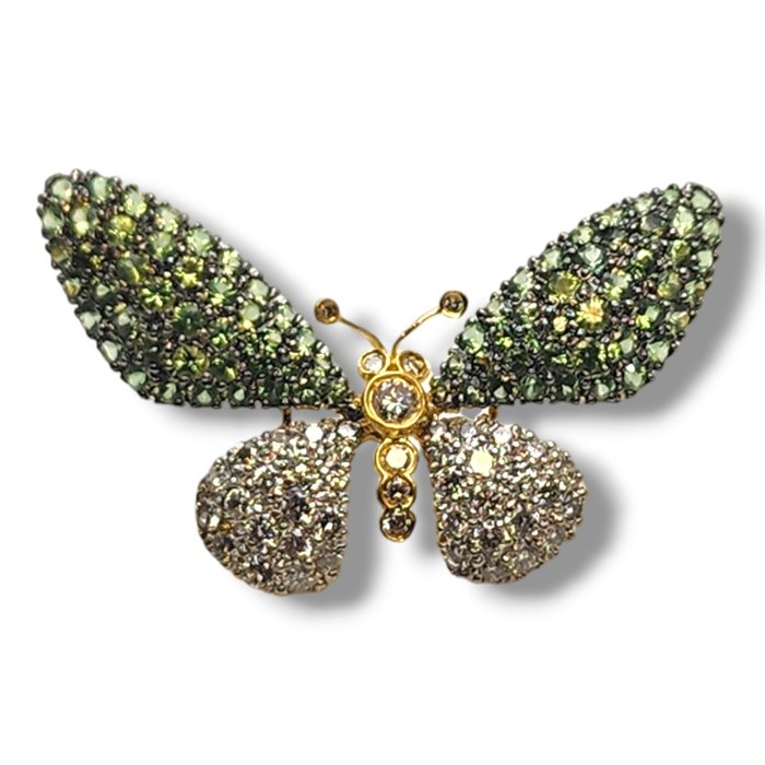 Broche - 18 kraat Gulguld, Vintage 18k guld diamantbroche Batterfly