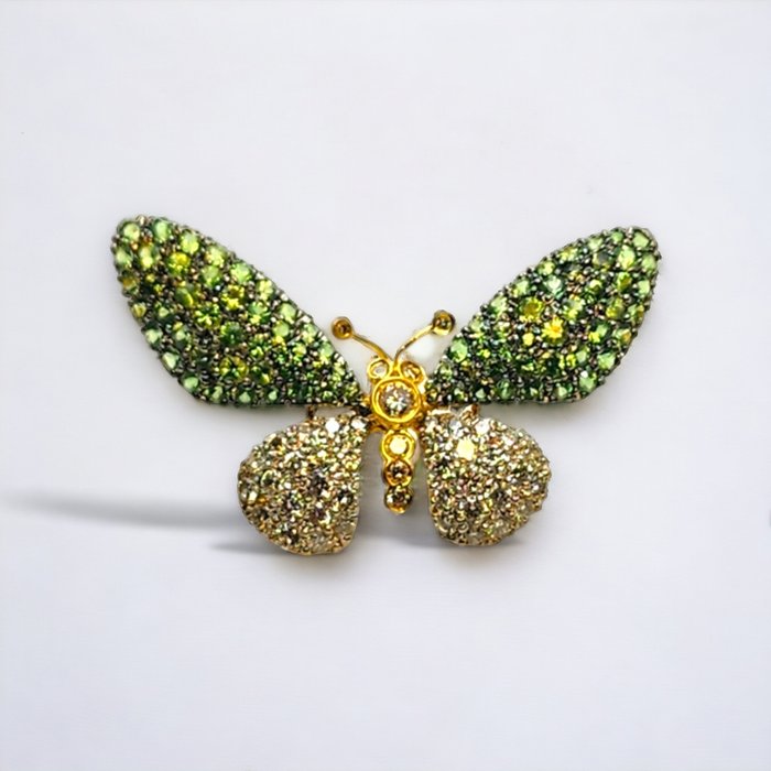 Broche - 18 kraat Gulguld, Vintage 18k guld diamantbroche Batterfly