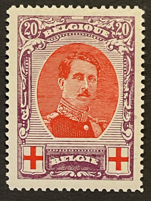 Belgien 1914/1915 - Røde Kors udgave - Albert I - 20c Violet - Perforering 12 x 12 - Sjælden perforering - Smukt center - OPBP 134A