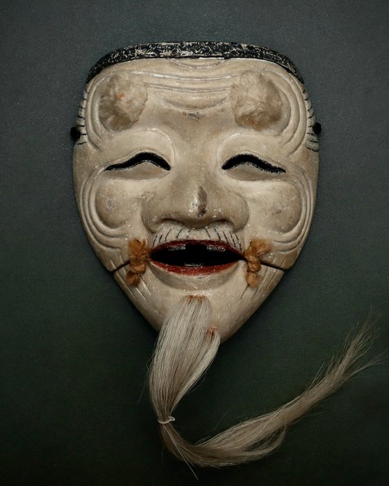 Excellent carved Japan Wooden Noh Mask of Okina 翁 (with Mask Bag) - Skulptur Træ - Japan  (Ingen mindstepris)