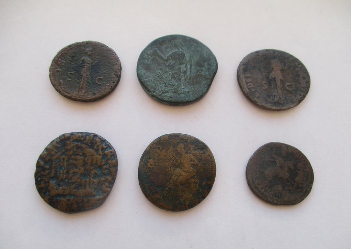 Romarriket Lot of 6 bronzes Including Sestertius (Lucilla) Dupondius (Domitian) Asses (Hadrian Domitian)  (Ingen mindstepris)