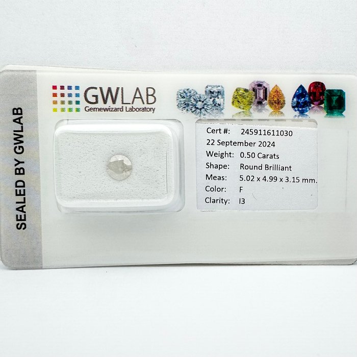 Ingen mindstepris - 1 pcs Diamant  (Natur)  - 0.50 ct - Rund - F - I3 - Gemewizard Gemological Laboratory (GWLab)