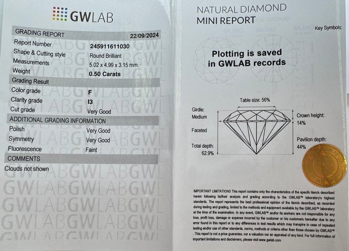 Ingen mindstepris - 1 pcs Diamant  (Natur)  - 0.50 ct - Rund - F - I3 - Gemewizard Gemological Laboratory (GWLab)