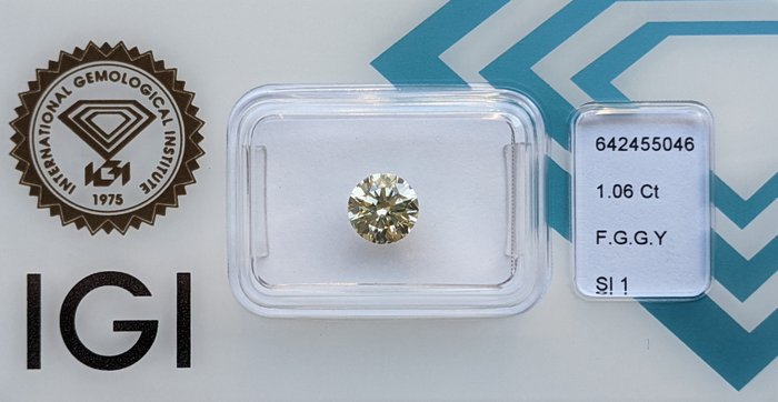 Ingen mindstepris - 1 pcs Diamant  (Naturfarvet)  - 1.06 ct - Rund - Fancy Grå, Grønlig Gul - SI1 - International Gemological Institute (IGI)