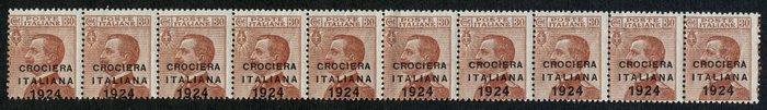 Italien Kongerige 1924 - Italian Cruise 30 cents med skråt overtryk. Strip med 10 eksemplarer. Katalog € - Sassone N. 163ba