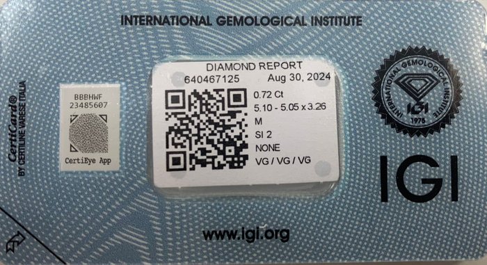 Ingen mindstepris - 1 pcs Diamant  (Natur)  - 0.72 ct - Pude - M - SI2 - International Gemological Institute (IGI)