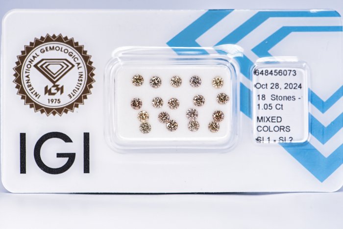 Ingen mindstepris - 18 pcs Diamant  (Naturfarvet)  - 1.05 ct - Rund - Fancy Blandet brun, Blandet gul - SI1, SI2 - International Gemological Institute (IGI)