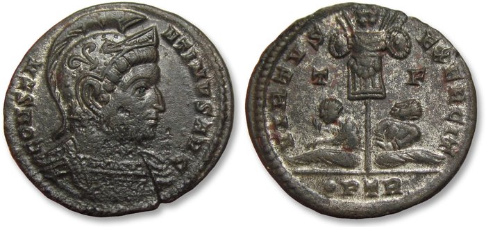 Romarriket Constantine I (AD 306-337) Follis Treveri (Trier) mint 1st officina circa 320 AD - mintmark •PTR - VIRTVS EXERCIT