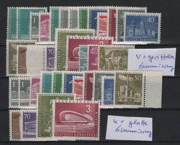 Berlin 1954/1956 - "Bygninger" III og "Bybilleder" I/II komplet. med forskelle i gummibelægning - Michel 121-123, 140-154 v/w