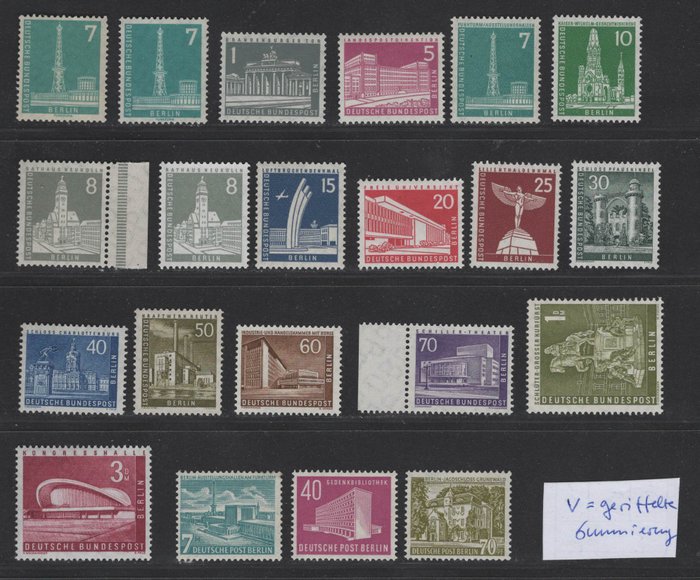 Berlin 1954/1956 - "Bygninger" III og "Bybilleder" I/II komplet. med forskelle i gummibelægning - Michel 121-123, 140-154 v/w