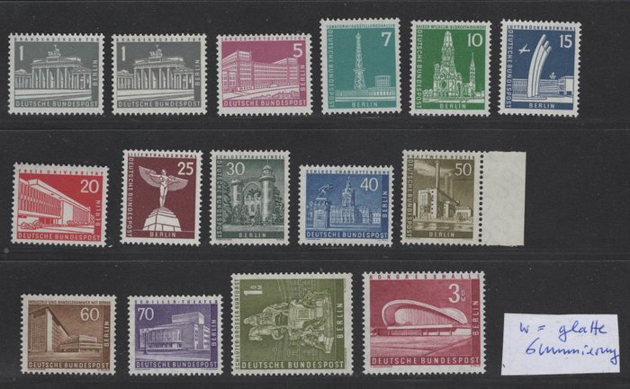 Berlin 1954/1956 - "Bygninger" III og "Bybilleder" I/II komplet. med forskelle i gummibelægning - Michel 121-123, 140-154 v/w