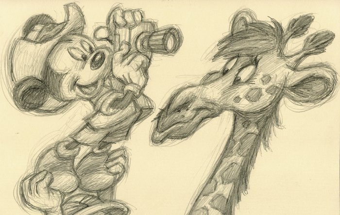 Joan Vizcarra - Mickey, Donald  Goofy on Safari - Original Pencil Drawing - 50 x 33 cm