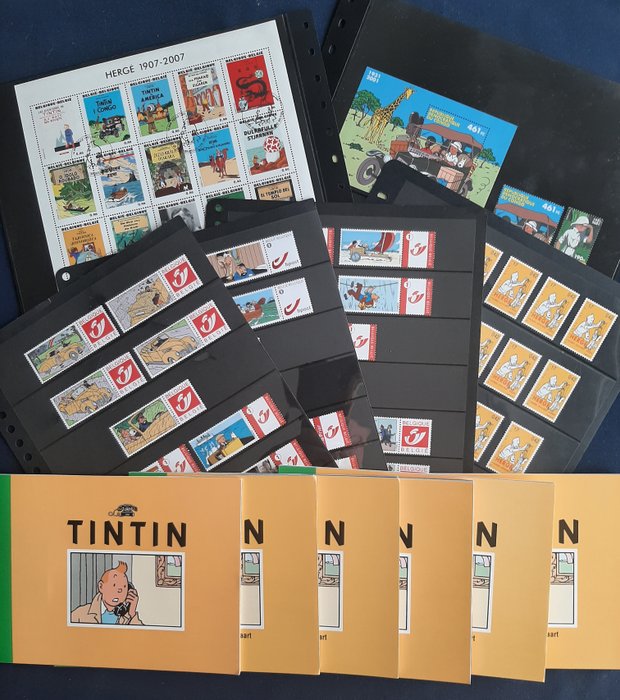 Belgien 2001/2007 - tema "Tintin", sæt af duo frimærker, begrænsede mapper med telekort, ....