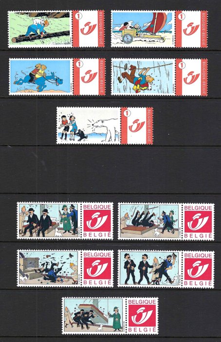 Belgien 2001/2007 - tema "Tintin", sæt af duo frimærker, begrænsede mapper med telekort, ....