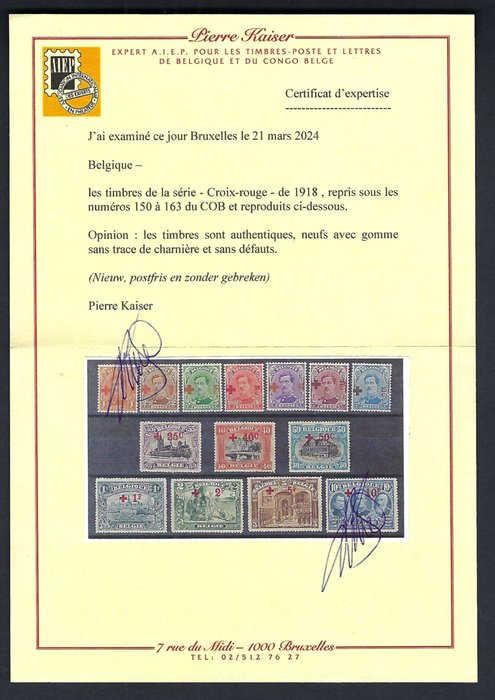 Belgien 1918 - komplet serie "Røde Kors" med fotocertifikat - OBP/COB 150/63