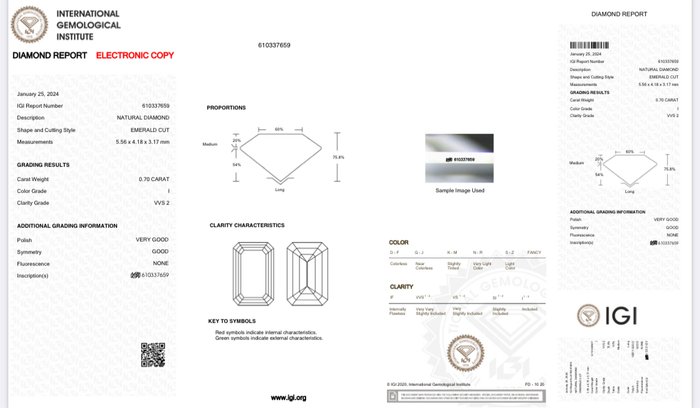 1 pcs Diamant  (Natur)  - 070 ct - Smaragd - I - VVS2 - International Gemological Institute (IGI)