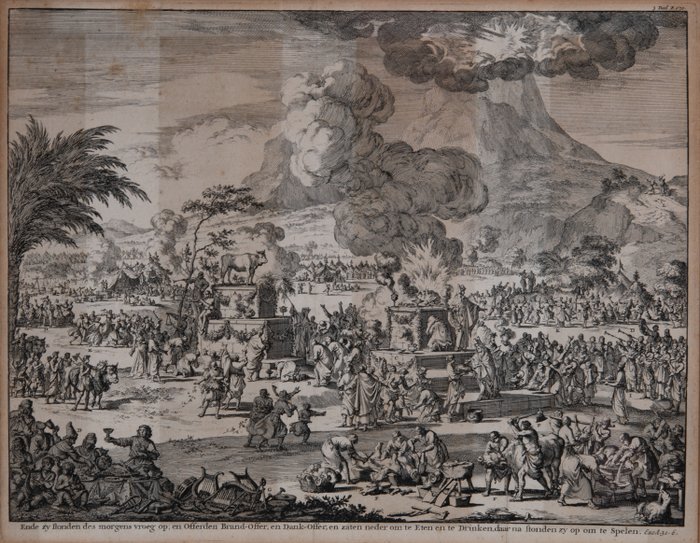 Willem Goeree (1635-1711) naar Jan Luyken (1649 - 1712) - Exodus 32:6 Het feest van het Gouden Kalf