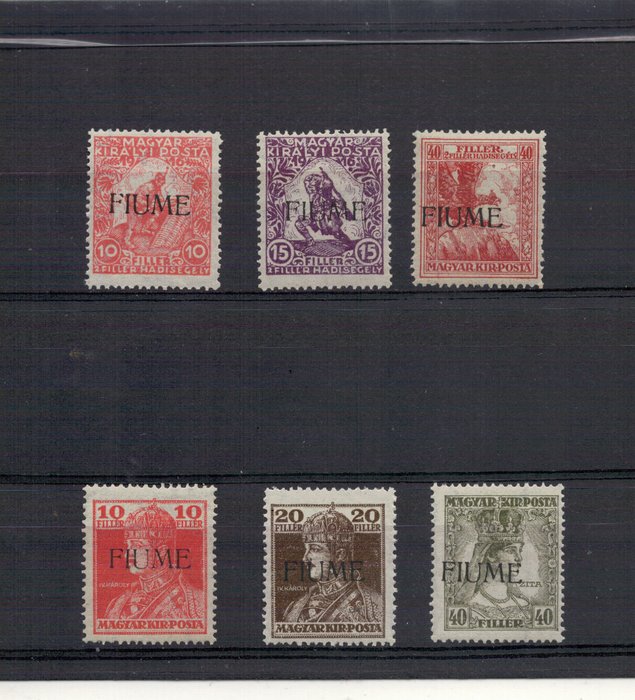 Fiume 1918/1919 - 1918-19 frimærker fra Ungarn overtrykt RIVER - Frimærker af 1918 Charles og Zita - sort - sassone 2021 n.1A/3 quotato € 175 - n. 24/26 € 175 - 4d/7d € 240 - 29/30 € 350 (940)