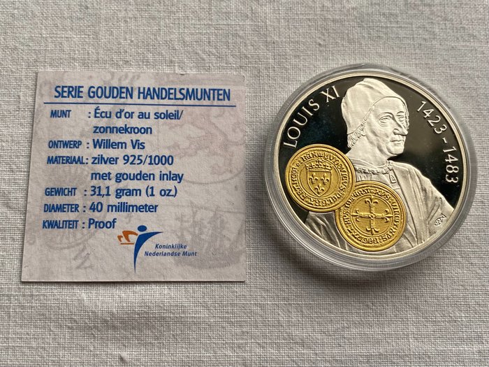 Hollandske Antiller. 10 Gulden 2001 Handelsmunt 'Lodewijk XI' zilver met gouden inlay  (Ingen mindstepris)