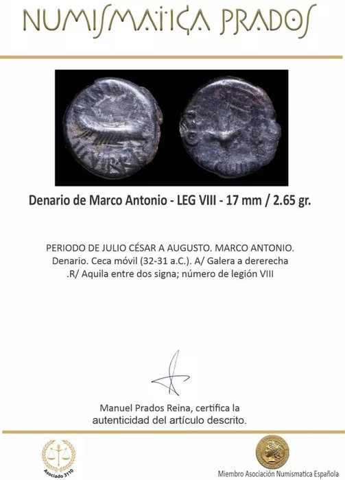 Romerska republiken. Mark Antony. Denarius Ceca móbil militar, 32-31 a.C. - LEGIO VIII  (Ingen mindstepris)