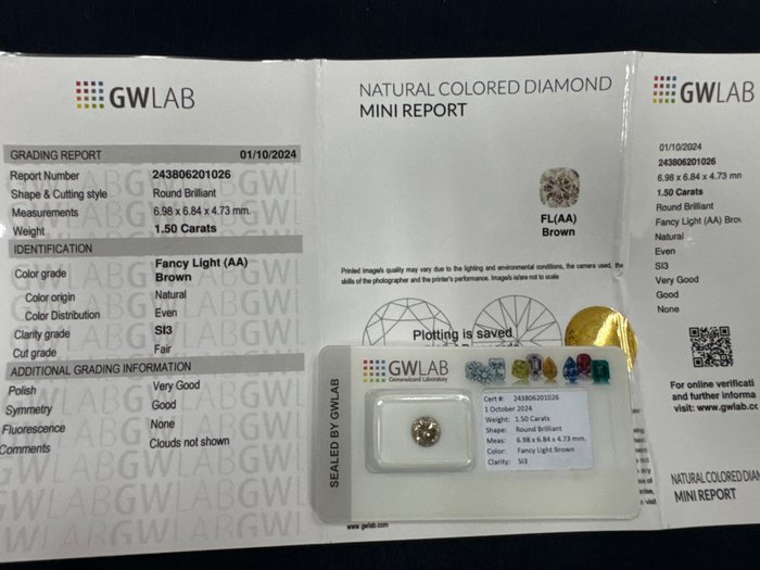 Ingen mindstepris - 1 pcs Diamant  (Naturfarvet)  - 0.91 ct - Rund - Fancy light Brun - SI3 - Gemewizard Gemological Laboratory (GWLab)