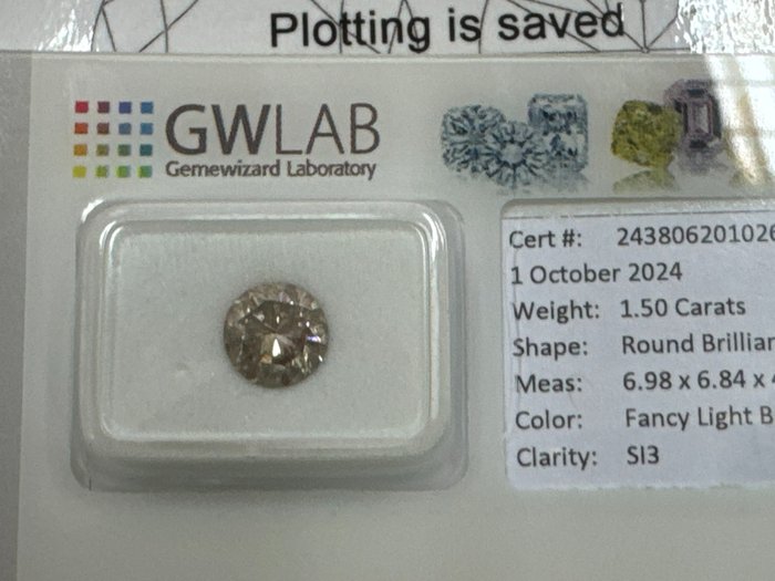 Ingen mindstepris - 1 pcs Diamant  (Naturfarvet)  - 0.91 ct - Rund - Fancy light Brun - SI3 - Gemewizard Gemological Laboratory (GWLab)