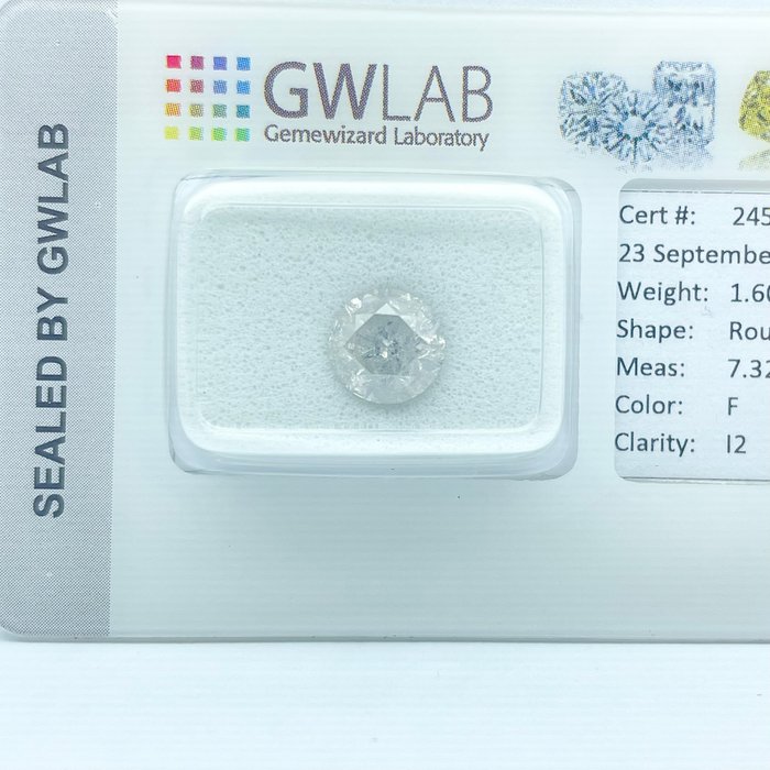 Ingen mindstepris - 1 pcs Diamant  (Natur)  - 1.60 ct - Rund - F - I2 - Gemewizard Gemological Laboratory (GWLab)