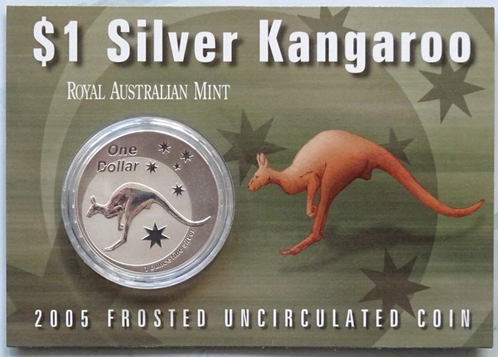 Australien. 1 Dollar 2005 Kangaroo - In coincard, 1 Oz (.999) - Frosted design  (Ingen mindstepris)