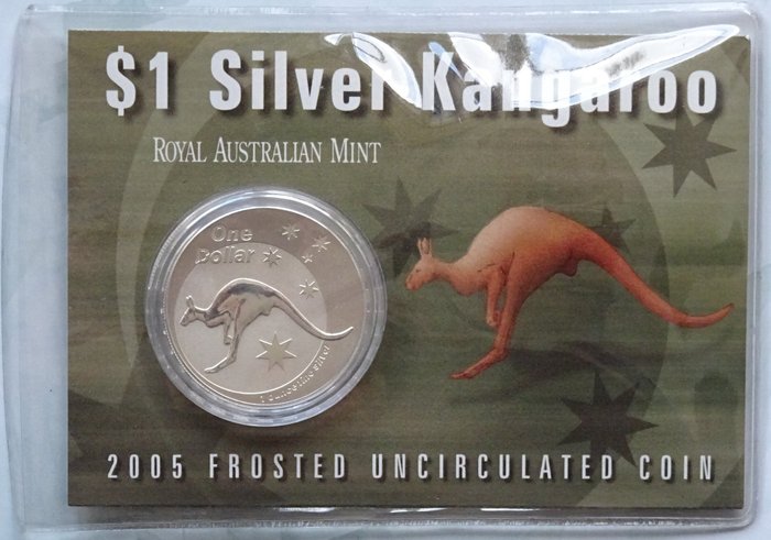 Australien. 1 Dollar 2005 Kangaroo - In coincard, 1 Oz (.999) - Frosted design  (Ingen mindstepris)