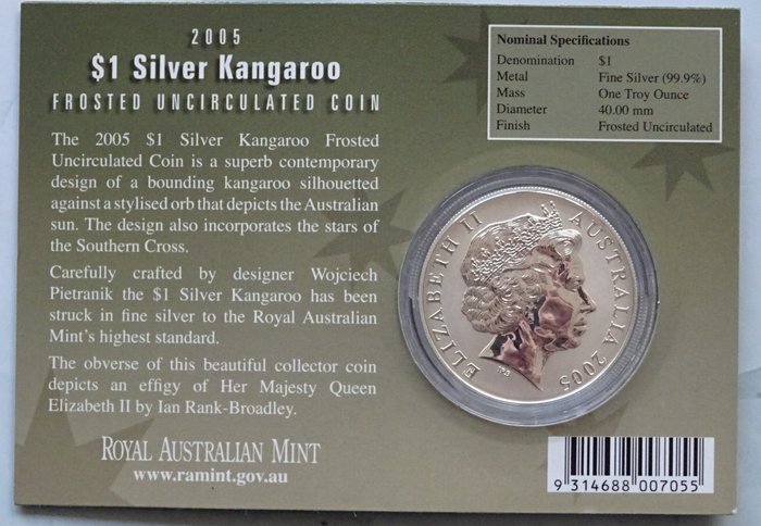 Australien. 1 Dollar 2005 Kangaroo - In coincard, 1 Oz (.999) - Frosted design  (Ingen mindstepris)