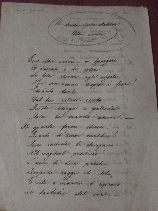 Giovanni Prati - Manoscritto autografo di tre pagine della poesia A Madamigella Matilde - 1850