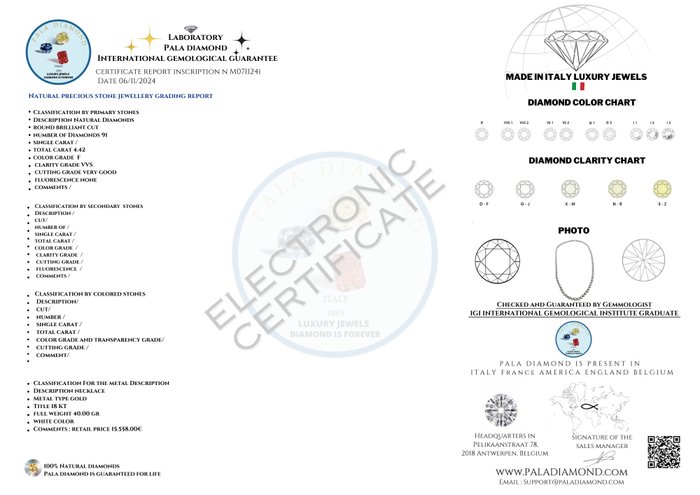 Pala Diamond - Halskæde - 18 kraat Hvidguld -  4.42ct. tw. Diamant (Natur)  - Vidunderlig tennis