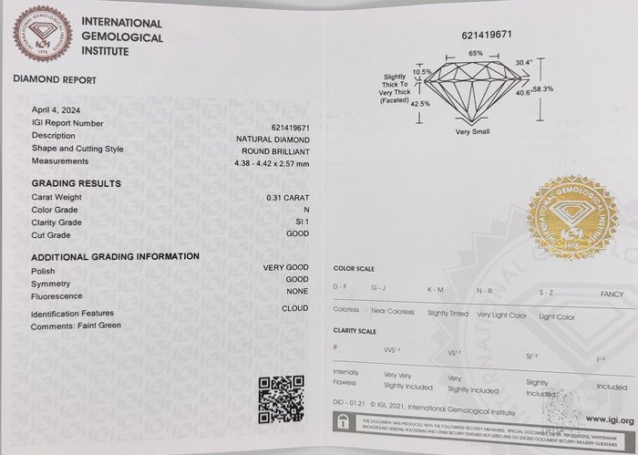 Ingen mindstepris - 1 pcs Diamant  (Natur)  - 0.31 ct - Rund - SI1 - International Gemological Institute (IGI) - N