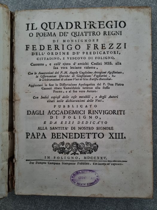 Federigo Frezzi - Il Quadrilegio o poema de' quattro regni - 1725