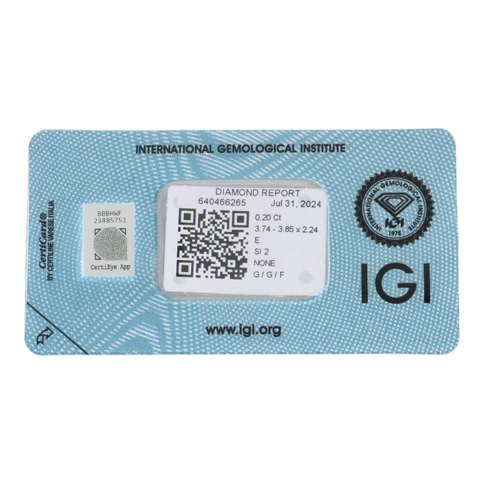 Ingen mindstepris - 1 pcs Diamant  (Natur)  - 020 ct - Rund - E - SI2 - International Gemological Institute (IGI)