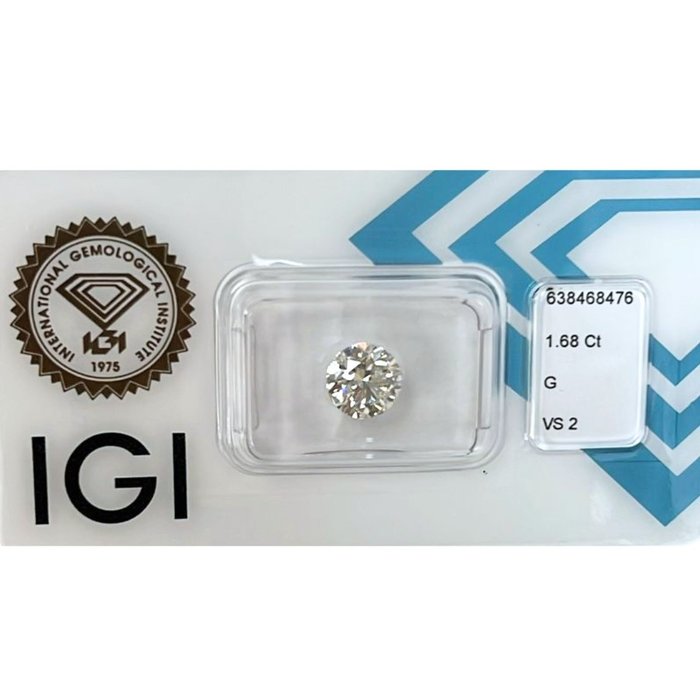 1 pcs Diamant  (Natur)  - 1.68 ct - Rund - G - VS2 - International Gemological Institute (IGI) - Ideel skåret diamant