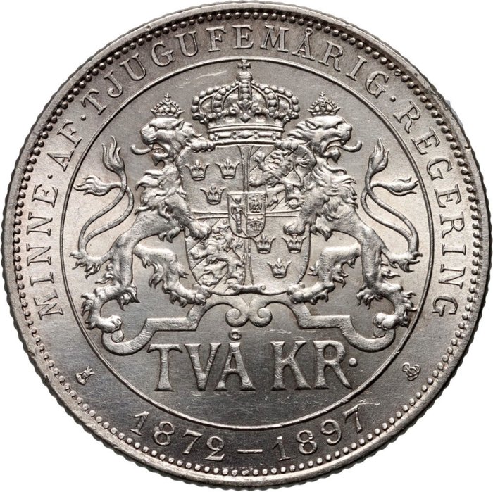 Sverige. King\tOscar II (1872-1907). 2 Kronor 1897 "Silver Jubilee - 25th Anniversary of the Reign" mint UNC  (Ingen mindstepris)