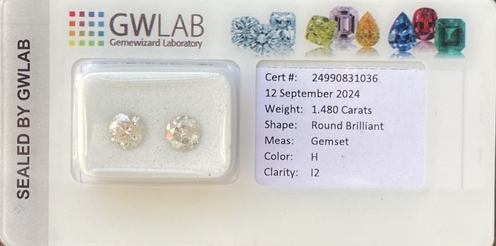 Ingen mindstepris - 2 pcs Diamant  (Natur)  - 148 ct - Rund - H - I2 - Gemewizard Gemological Laboratory (GWLab)