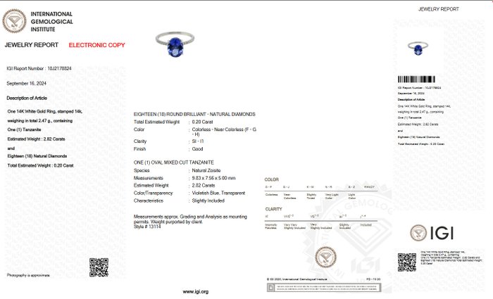 Ingen mindstepris - Ring - 14 karat Hvidguld -  3.02ct. tw. Tanzanit - Diamant - IGI