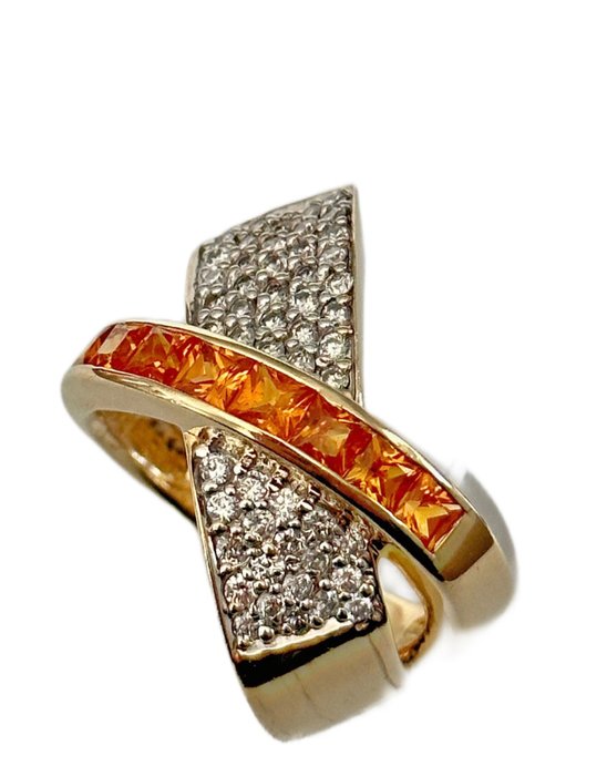 Ring - 14 karat Gulguld, Vintage 14K guldring, diamanter og orange ædelstene -  0.75ct. tw. Diamant (Natur)