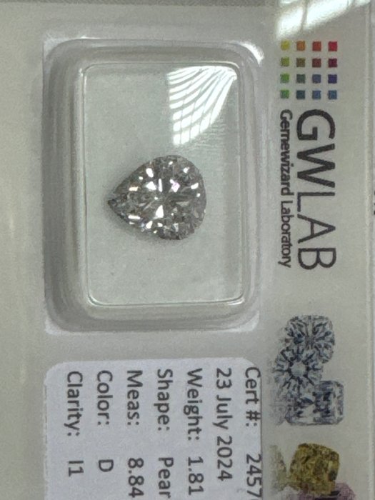 Ingen mindstepris - 1 pcs Diamant  (Natur)  - 1.81 ct - Pære - D (farveløs) - I1 - Gemewizard Gemological Laboratory (GWLab)