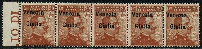 Italien - Julian Venetia 1918 - Vitt. Emanuele III, 20 øre med skråt overtryk. Strip med 5 eksemplarer - Sassone 23cb € 1650