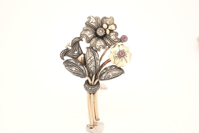 Broche - 19,2 kt. Gulguld Rubin - Blomster