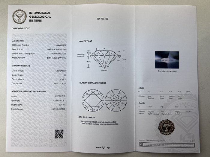 1 pcs Diamant  (Natur)  - 1.00 ct - Rund - H - VVS2 - International Gemological Institute (IGI)