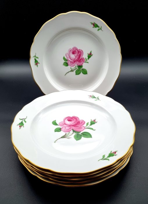 Meissen - Bordservice - Rød rose med guldkant 6 x middagstallerkener ca 255 cm - Porcelæn