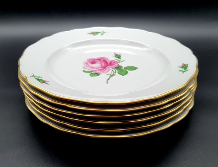 Meissen - Bordservice - Rød rose med guldkant 6 x middagstallerkener ca 255 cm - Porcelæn